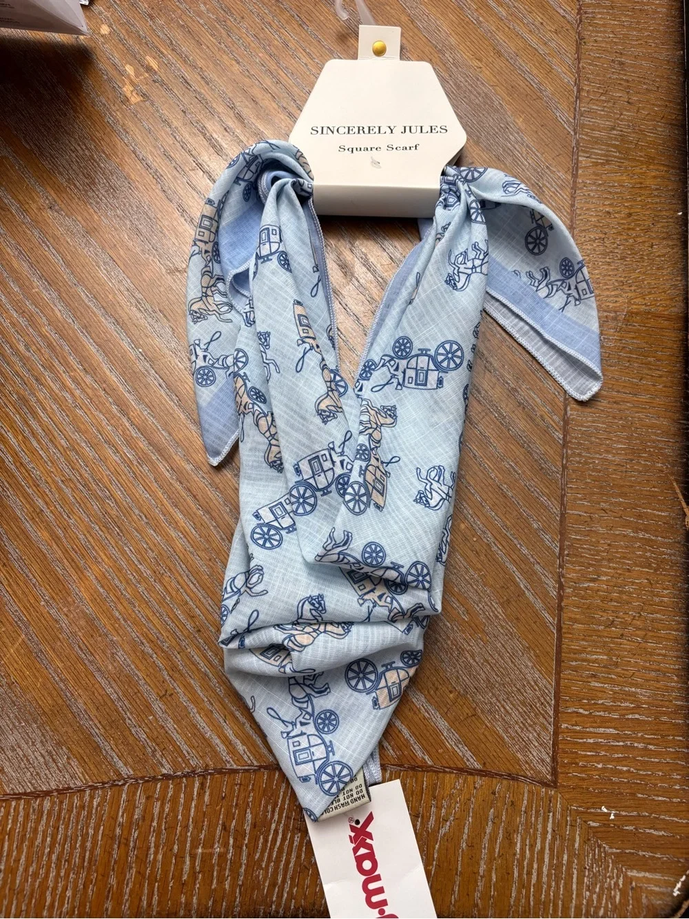 Sincerly Jules  Light Blue Square Scarf - Horse & Carriage Print